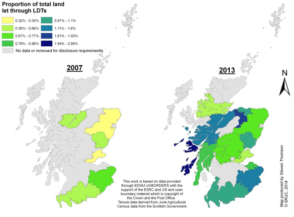 Figure 35 Area let under LDTs by NUTS IV region, 2007 and 2013