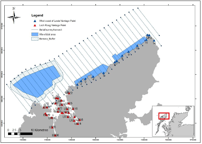 Figure 1 - Digital aerial survey line transect and vantage point (VP) locations in relation to wave/tidal areas of interest Figure 1 - Digital aerial survey line transect and vantage point (VP) locations in relation to wave/tidal areas of interest