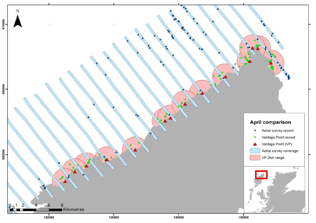 Figure 138 &ndash; Comparison of coverage, location and number of records for aerial and vantage point surveys on 19th April 2012