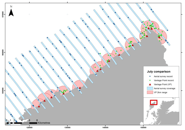 Figure 140 &ndash; Comparison of coverage, location and number of records for aerial and vantage point surveys on 26th July 2012