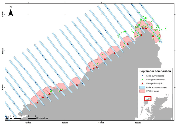 Figure 141 &ndash; Comparison of coverage, location and number of records for aerial and vantage point surveys on 22nd September 2012