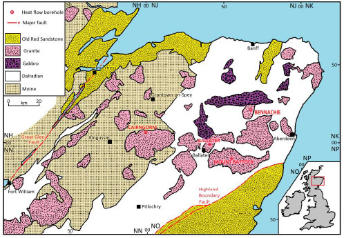 Figure 1: Location of granite bodies in north east Scotland and the heat flow boreholes used to estimate geothermal potential (modified by Rob Westaway from Fig. 2.1 of Wheildon et al. (1984), and used with his permission). Figure 1: Location of granite bodies in north east Scotland and the heat flow boreholes used to estimate geothermal potential (modified by Rob Westaway from Fig. 2.1 of Wheildon et al. (1984), and used with his permission).