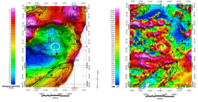 Figure 16: (a) Regional Gravity [left-side image], (b) Magnetic Anomalies [right-side image] for a part of north-eastern Scotland (BGS Data (2002))