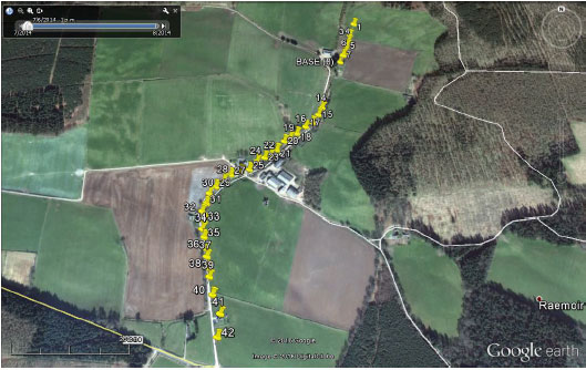 Figure 18: Locations of gravity stations along the track from the main road (A980) to Burnhead Farm
