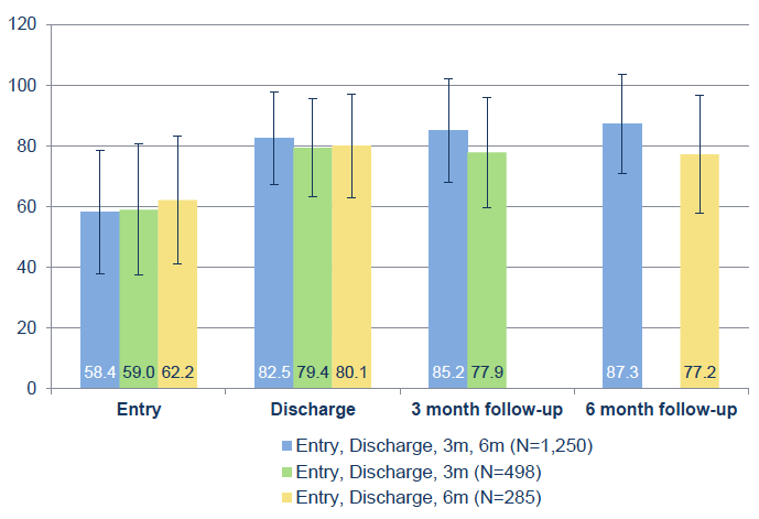 Figure 35: VAS scores at entry, discharge, 3 months and 6 months post discharge Figure 35: VAS scores at entry, discharge, 3 months and 6 months post discharge