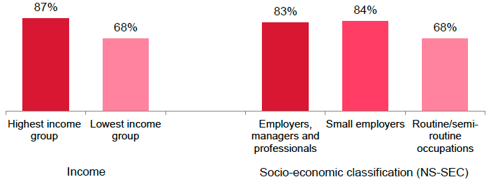 Figure 6.2 The joiner should be able to employ the friend if he wants by income and socio-economic classification (2015, %) Figure 6.2 The joiner should be able to employ the friend if he wants by income and socio-economic classification (2015, %)