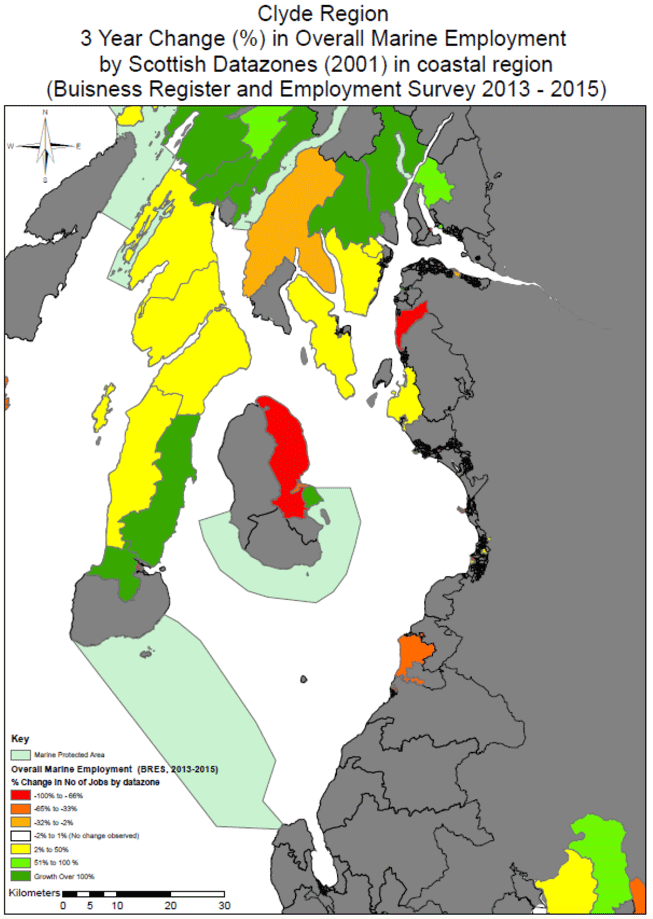 Clyde Region 3 Year Change (%) in Overall Marine Employment by Scottish Datazones (2001) in coastal region (Business Register and Employment Survey 2013 - 2015) Clyde Region 3 Year Change (%) in Overall Marine Employment by Scottish Datazones (2001) in coastal region (Business Register and Employment Survey 2013 - 2015)