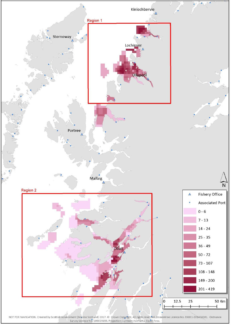 Figure 6: Average number of Nephrops pots hauled per day per cell (4 km2) from the 55 surveyed vessels. Figure 6: Average number of Nephrops pots hauled per day per cell (4 km2) from the 55 surveyed vessels.