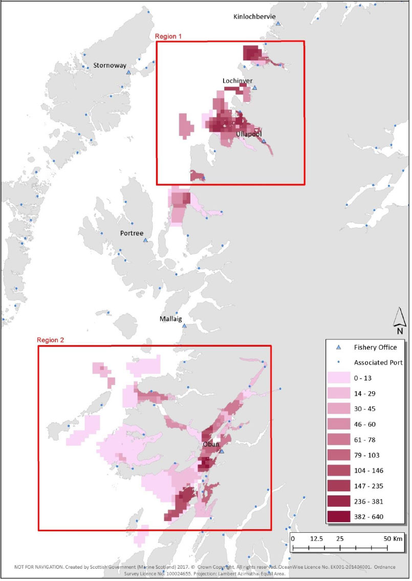 Figure 7: Average number of Nephrops creels in the water per cell during the peak season (August) from the 55 surveyed vessels. Figure 7: Average number of Nephrops creels in the water per cell during the peak season (August) from the 55 surveyed vessels.