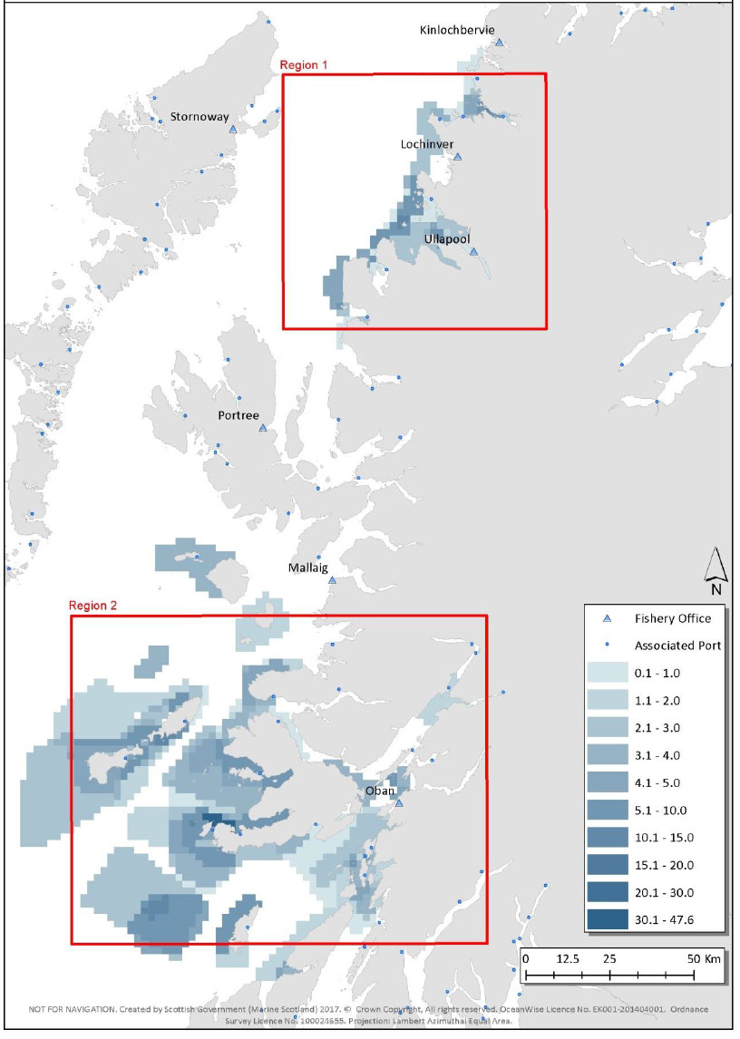 Figure 13: Estimated number of creels hauled per day per cell (4 km2) from surveyed vessels Figure 13: Estimated number of creels hauled per day per cell (4 km2) from surveyed vessels