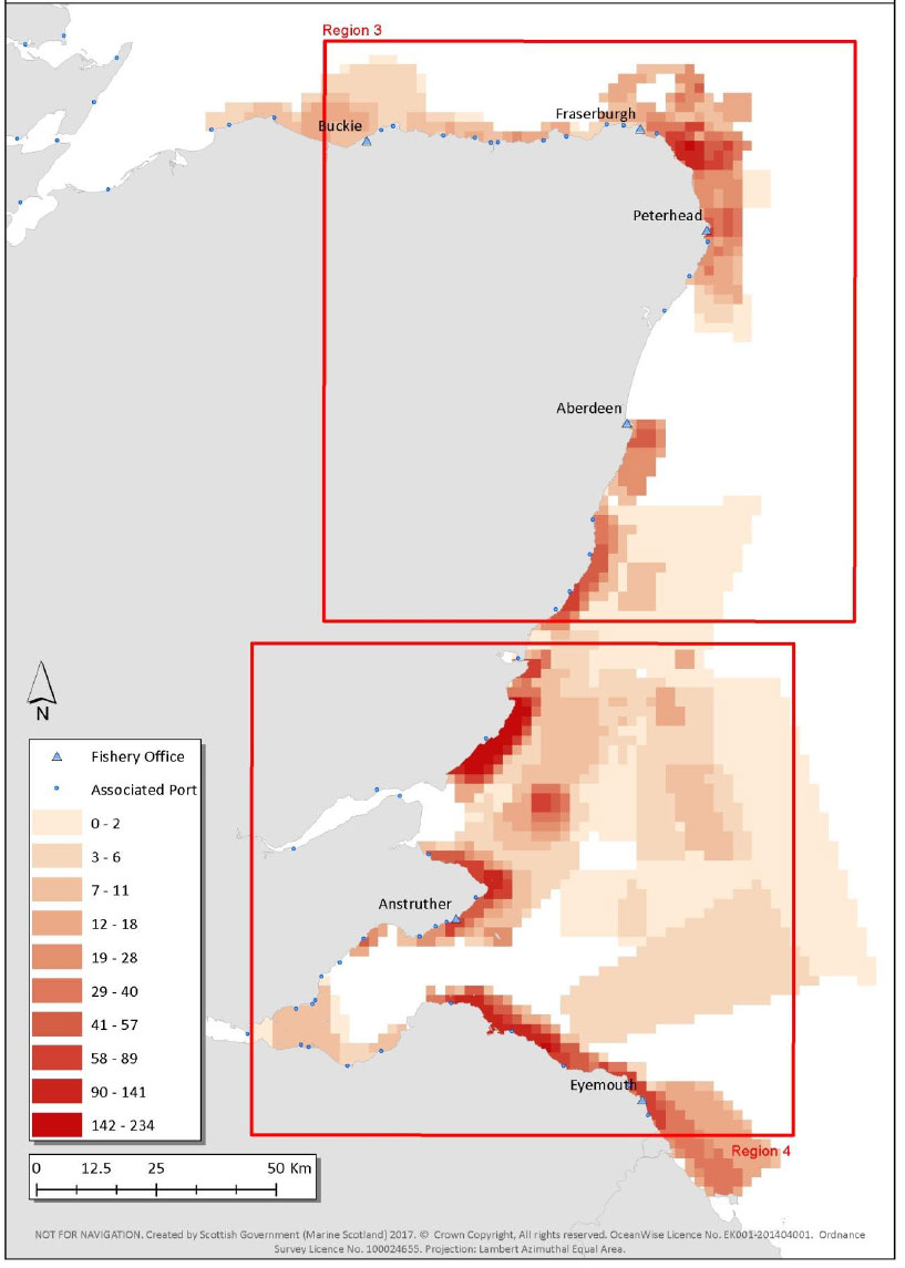 Figure 16: Estimated number of creels hauled per day per cell (4 km2) from surveyed vessels Figure 16: Estimated number of creels hauled per day per cell (4 km2) from surveyed vessels
