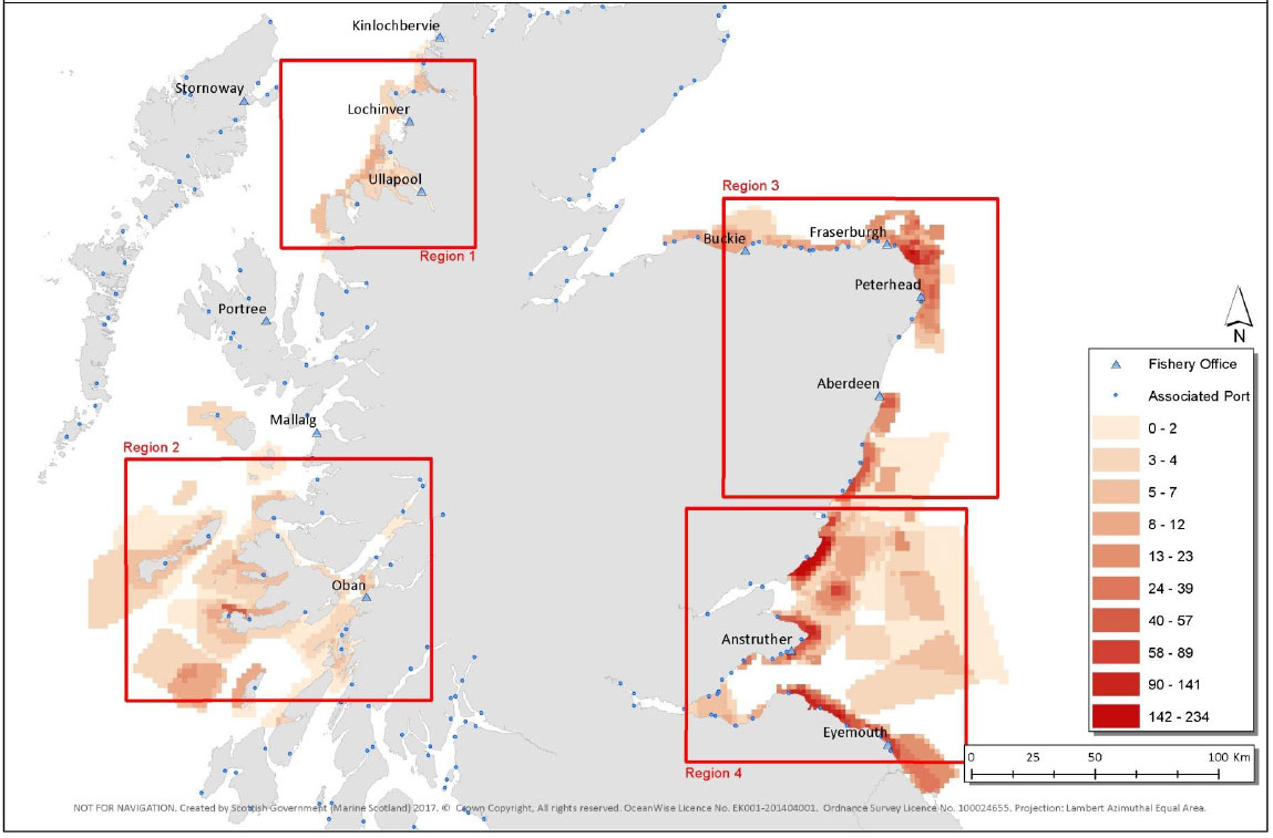 Average number of crab/lobster hauls per cell per day Average number of crab/lobster hauls per cell per day