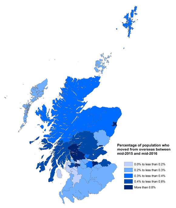 Figure 1.8: Inward migration as a percentage of population by council area, Scotland, mid-2015 and mid-2016 Figure 1.8: Inward migration as a percentage of population by council area, Scotland, mid-2015 and mid-2016