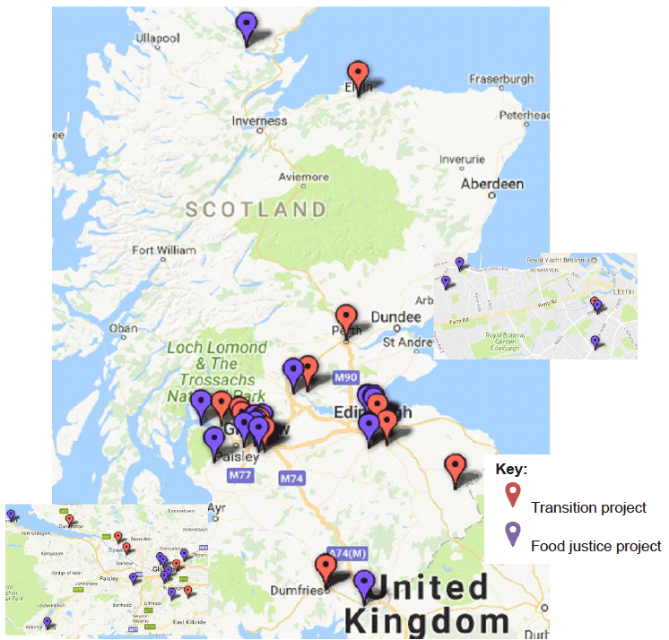 Figure 1: Map of the 33 project locations split by food justice and transition projects Figure 1: Map of the 33 project locations split by food justice and transition projects