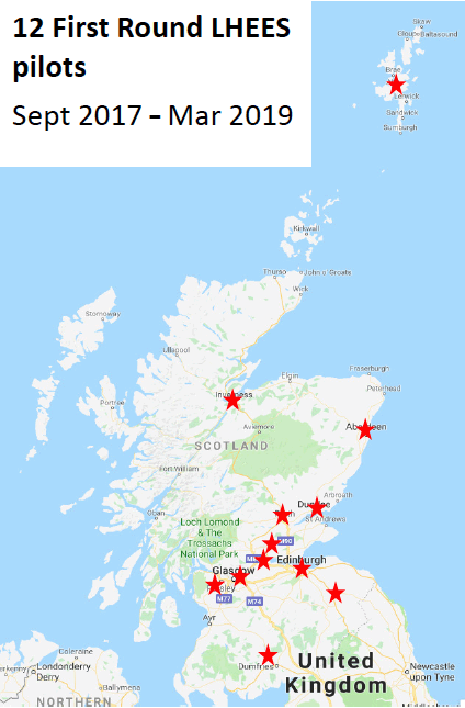 Figure 1: Map illustrating the 12 local authorities that took part in the first round of LHEES pilots