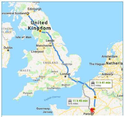 Figure 3: Route and time from Eurocentral to Rungis via Channel Tunnel