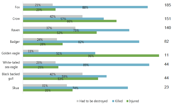 Figure 6.2 % of attacks attributed to each species in which at least one sheep was injured, killed or had to be destroyed Figure 6.2 % of attacks attributed to each species in which at least one sheep was injured, killed or had to be destroyed