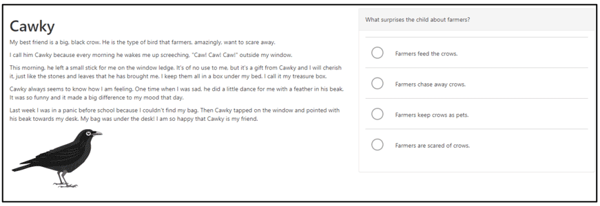 Figure A11: Example of a P4 reading text with a Finding and using information question: 'Cawky Question 2' Figure A11: Example of a P4 reading text with a Finding and using information question: 'Cawky Question 2'