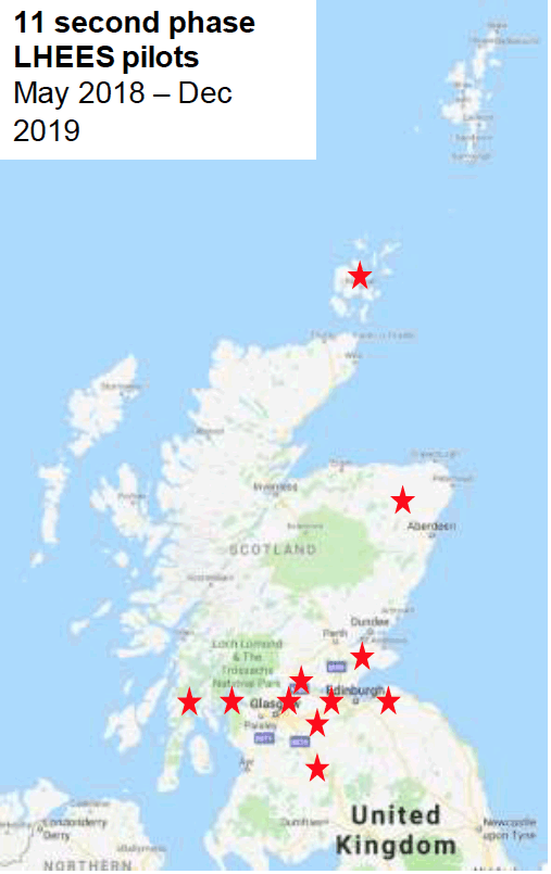 Figure 1: Map illustrating the locations of the 11 local authorities that took part in the second phase of Local Heat and Energy Efficiency Strategy pilots.