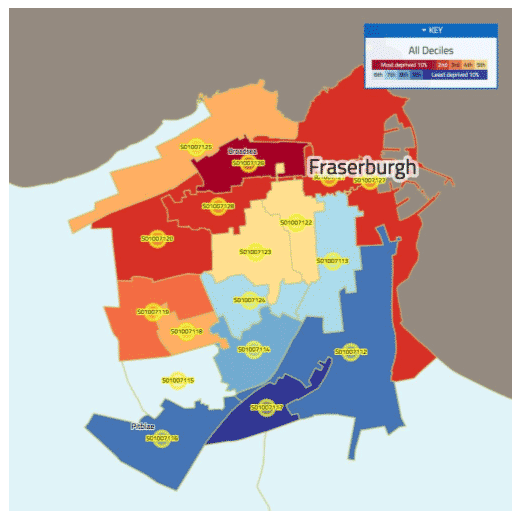 A close up of a map. The north and west areas of the town are in the most deprived decile.