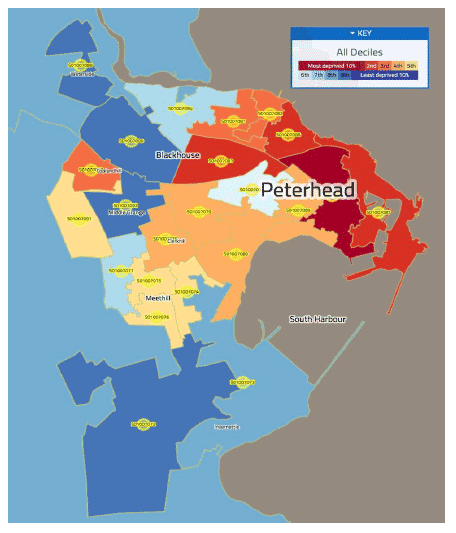 A close up of a map. The eastern areas of the town are in the most deprived decile.