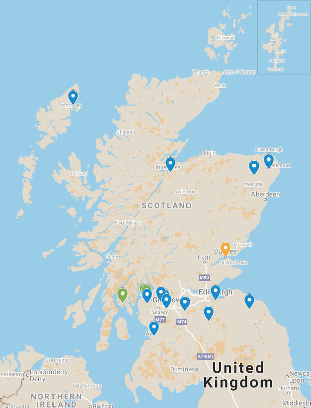 An image of a map of Scotland showing geographical distribution of residential rehab facilities.