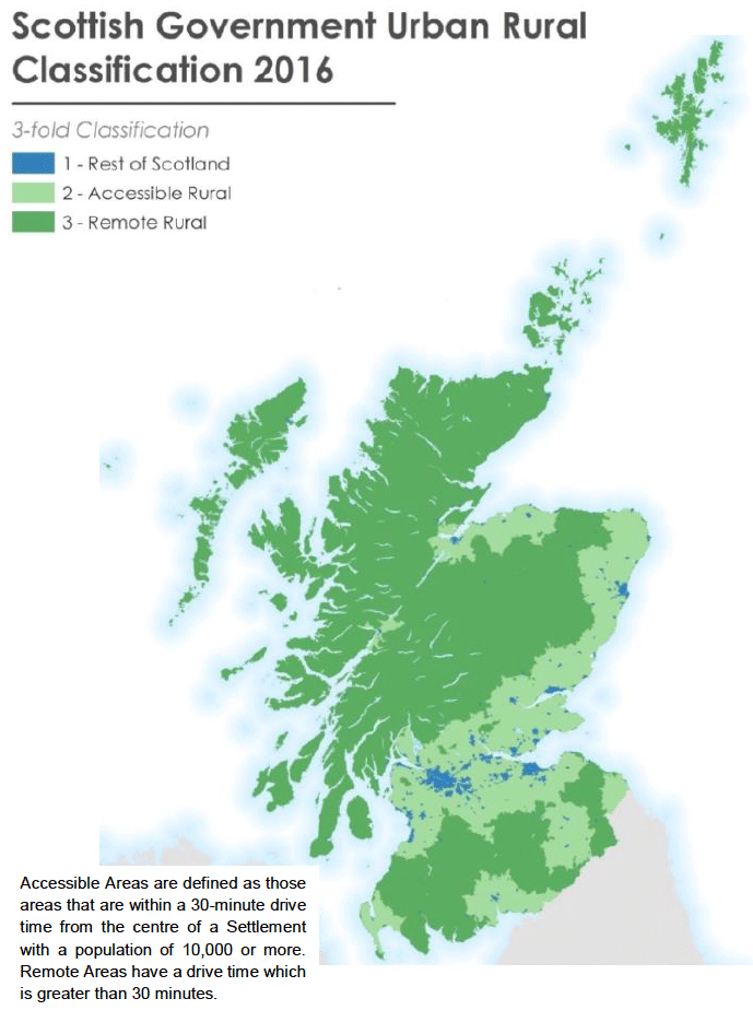 A map showing the areas of Scotland that have been classified as of 2016 as accessible rural areas, and remote rural areas. The map shows that most of Scotland is classified as remote rural with large areas of accessible rural around the central belt, some areas towards the south of Scotland and up the east coast of Scotland.