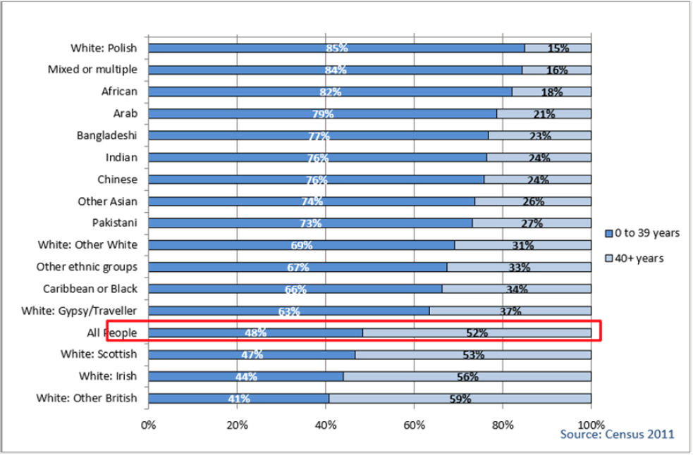 Stacked bar chart showing the proportion of each ethnic group below 40 years old and above 40 years old