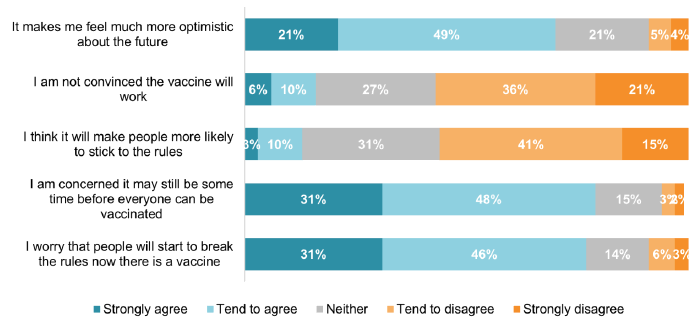 77%-79% worry it will take time and people will break rules, 16% are not convinced the vaccine works