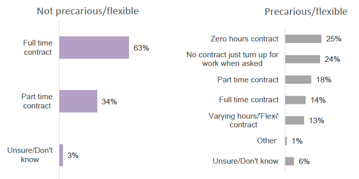 Bar charts showing most recent employment contract/employment for those not in precarious/flexible work, and those in precarious flexible work. Displayed as a percentage, with respondents selecting which employment contract/employment best applies to them.