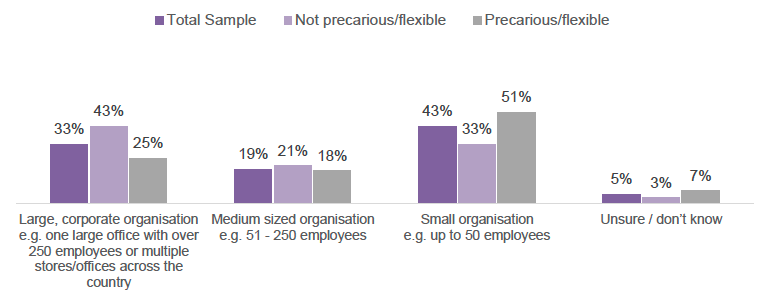 Bar chart showing size of organisation respondents work for (displayed as a percentage, with respondents selecting what is applicable to them).
