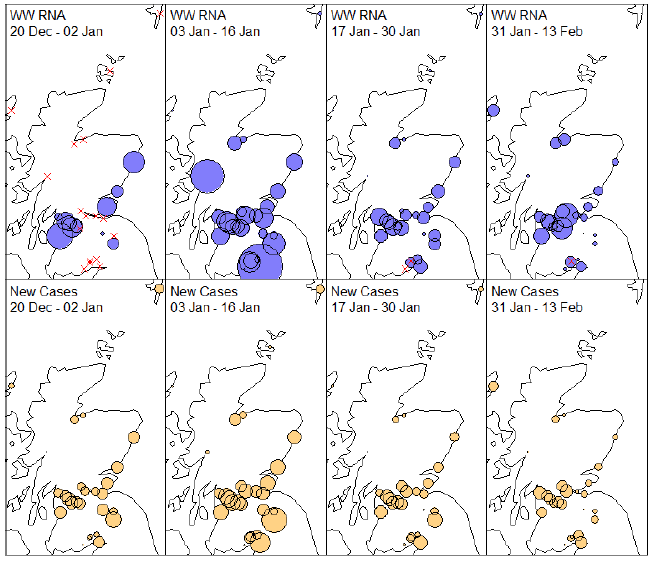 Maps showing National average wastewater Covid and daily case rate (7 day average).

