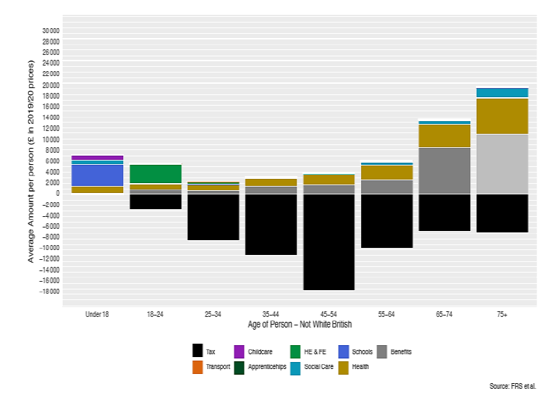 Stacked column chart of average tax paid and expenditure for non White British men by age
