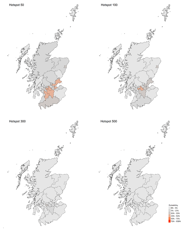 A series of four maps showing the probability of local authority areas having more than 50, 100, 300 or 500 cases per 100K (9 - 16 May 21).