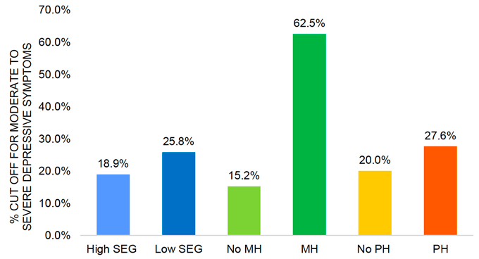 This histogram separately illustrates the rate of moderate to severe depressive symptoms for those who did or did not report a pre-existing mental health conditions, participants from a high or low socio-economic group and those who reported or did not report a pre-existing physical health condition. With 62.5% the highest percentage was found for participants with a pre-existing mental health condition, while the lowest rate of 15.2% was found for participants without a pre-existing mental health condition. Participants with a pre-existing physical health condition showed 27.6% moderate to severe depressive symptoms and those without a pre-existing physical health condition 20%. Finally, participants of the low socio-economic group showed a rate of 25.8% of moderate to severe depressive symptoms and participants of a high socio-economic group showed 18.9%. 