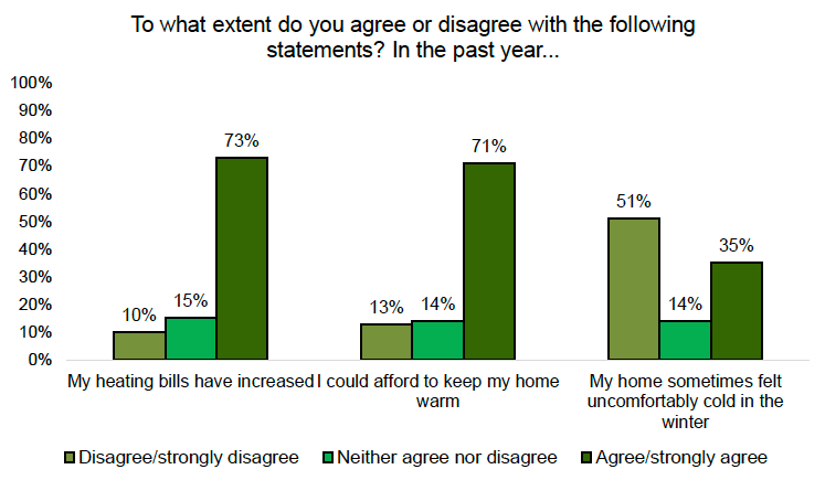 A bar chart showing experience of heating the home. Most respondents have seen an increase in their heating bills but can afford to keep their homes warm. Over a third have felt uncomfortably cold in winter.