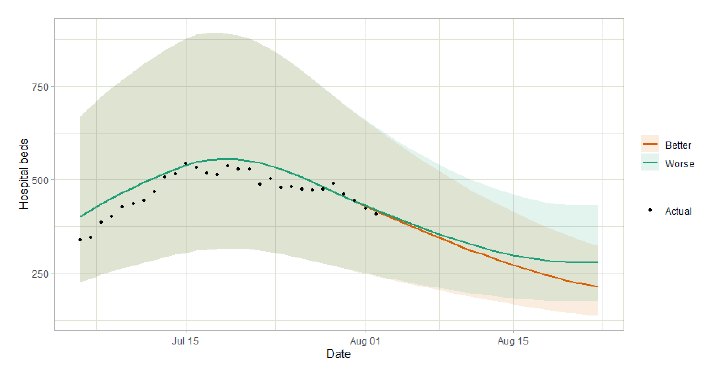 A line graph showing the short term forecast of hospital bed demand. 