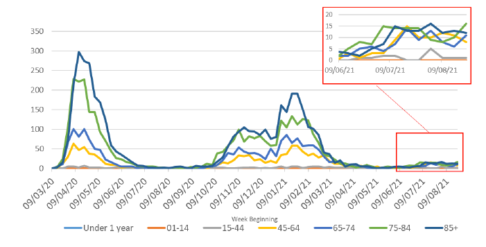 This line graph shows the weekly number of deaths for seven different age groups over time, from March 2020. In April 2020 the number of deaths in the four age groups over 45 reached a peak, with the highest number of deaths being in the over 85 age group. Deaths then declined steeply and the number of deaths was very low in all age groups from July to September 2020. In October the number of deaths started to increase and then plateaued during November and December 2020 for the four age groups over 45. At the end of December deaths rose steeply again to another peak in January 2021, with the highest deaths being in the over 85 age group. The number of deaths has since declined steeply with the largest decrease in the over 85 age group, followed by a sharp decline in the 75 to 84 age group. Since mid-June 2021 there has been a slight increase in deaths overall, with the greatest increase in the 45 plus age groups. However, the number of deaths in all age groups is now very low with 48 deaths registered over the latest week. Deaths in the under 44 age groups have remained very low throughout the whole period.