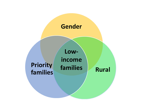 This venn diagram shows 3 overlapping circles for low income families.  The overlapping circles contain the three phases gender, rural and priority families.