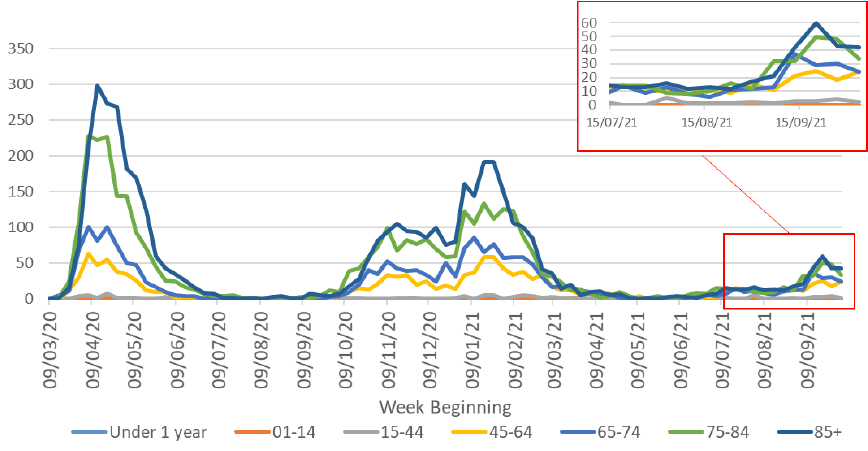 This line graph shows the weekly number of deaths for seven different age groups over time, from March 2020. In April 2020 the number of deaths in the four age groups over 45 reached a peak, with the highest number of deaths being in the over 85 age group. Deaths then declined steeply and the number of deaths was very low in all age groups from July to September 2020. In October the number of deaths started to increase and then plateaued during November and December 2020 for the four age groups over 45. At the end of December deaths rose steeply again to another peak in January 2021, with the highest deaths being in the over 85 age group. The number of deaths has since declined steeply with the largest decrease in the over 85 age group, followed by a sharp decline in the 75 to 84 age group. Since mid-June 2021 there has been a slight increase in deaths overall, with the greatest increase in the 45 plus age groups. However, the number of deaths in all age groups remained low with only a slight recent increase seen with 126 deaths registered over the latest week. Deaths in the under 44 age groups have remained very low throughout the whole period.