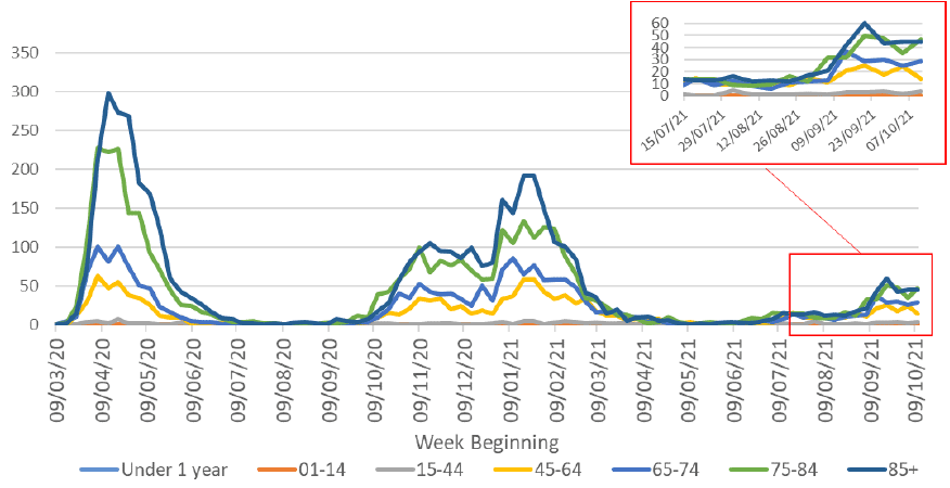 This line graph shows the weekly number of deaths for seven different age groups over time, from March 2020. In April 2020 the number of deaths in the four age groups over 45 reached a peak, with the highest number of deaths being in the over 85 age group. Deaths then declined steeply and the number of deaths was very low in all age groups from July to September 2020. In October the number of deaths started to increase and then plateaued during November and December 2020 for the four age groups over 45. At the end of December deaths rose steeply again to another peak in January 2021, with the highest deaths being in the over 85 age group. The number of deaths has since declined steeply with the largest decrease in the over 85 age group, followed by a sharp decline in the 75 to 84 age group. Since mid-June 2021 there has been a slight increase in deaths overall, with the greatest increase in the 45 plus age groups. However, the number of deaths in all age groups remained low with only a slight recent increase seen with 139 deaths registered over the latest week. Deaths in the under 44 age groups have remained very low throughout the whole period.