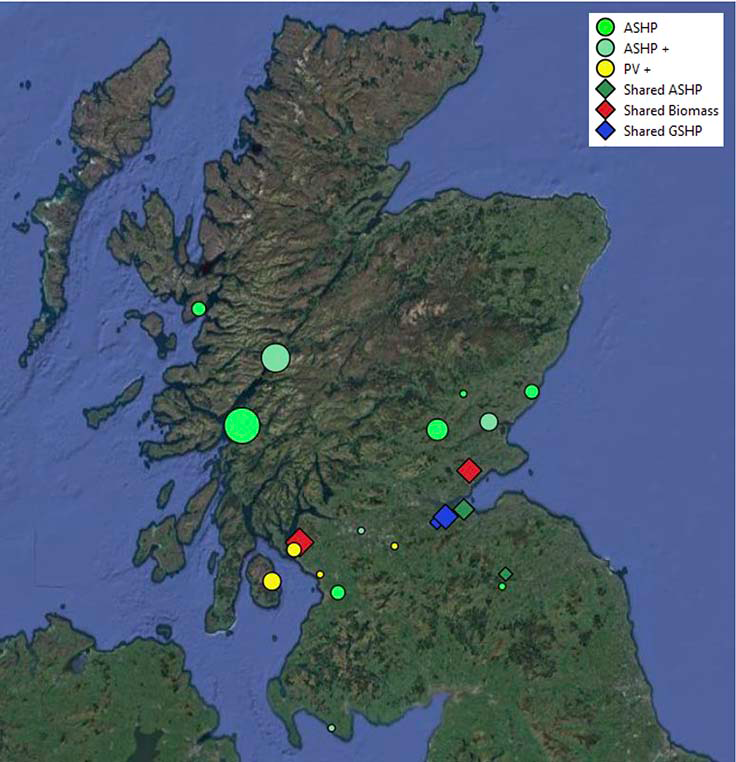 A map showing the location of the housing projects and their heating system types.