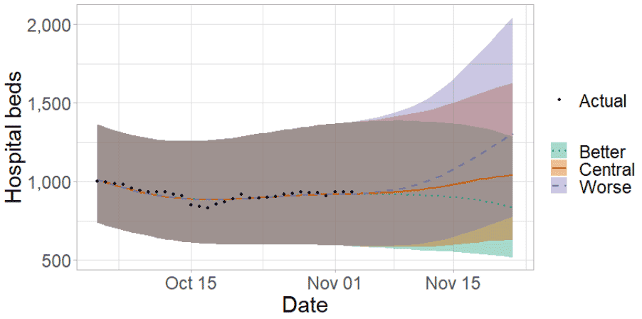 A line graph showing the short term forecast of hospital bed demand.