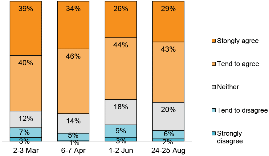 Bar chart showing that worry remained very high throughout, 39% strongly agreed on 2-3 March and 29% on 24-25 August.
