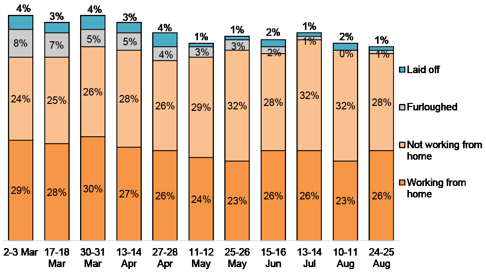 Bar chart showing a small decline in those who are working from home, from 29% on 2-3 March to 26% on 24-25 August, and a decline in those who are furloughed, from 8% to 1%.