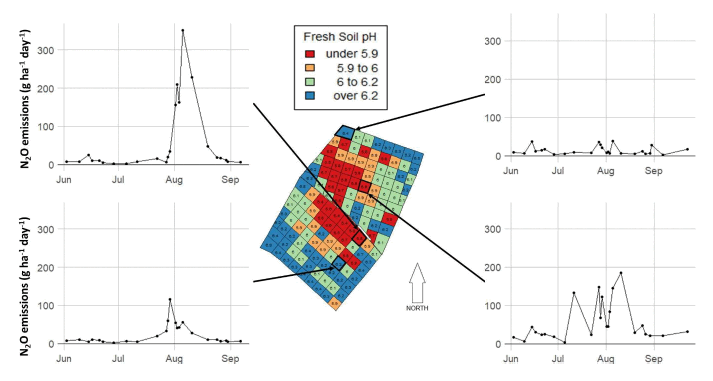 Four line charts relating to a soil map showing soil pH for each area, indicating areas with lower pH have the highest N2O emissions, where areas with high pH typically have lower N2O emissions.