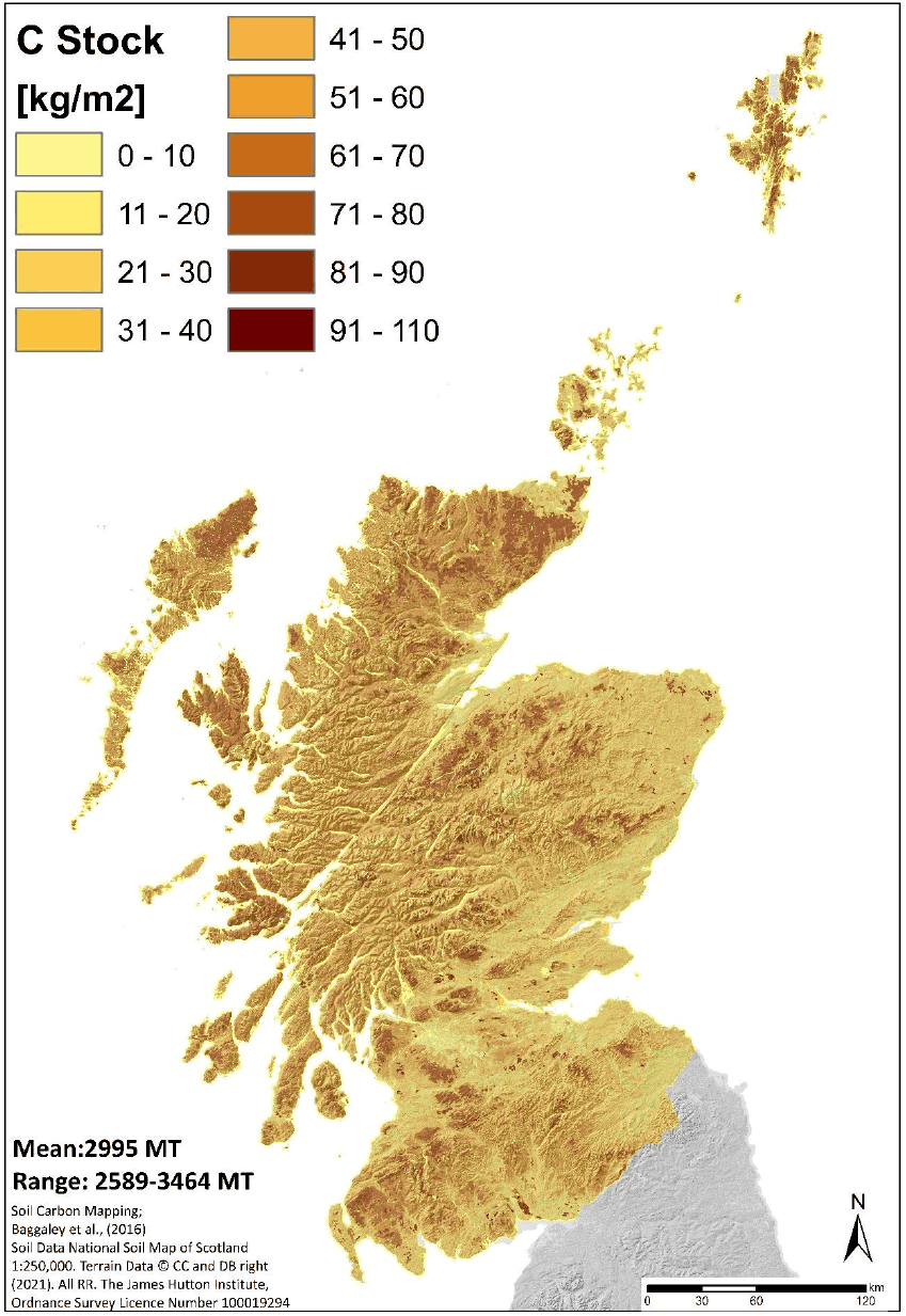 Map of organic carbon stocks to 1 m depth in Scotland ranging from zero to 110 kg/m2. The greatest stocks are in the North and West, and the south with lesser stocks in the east. The average total is 2995 MT but ranging from 2589 to 3464 MT.