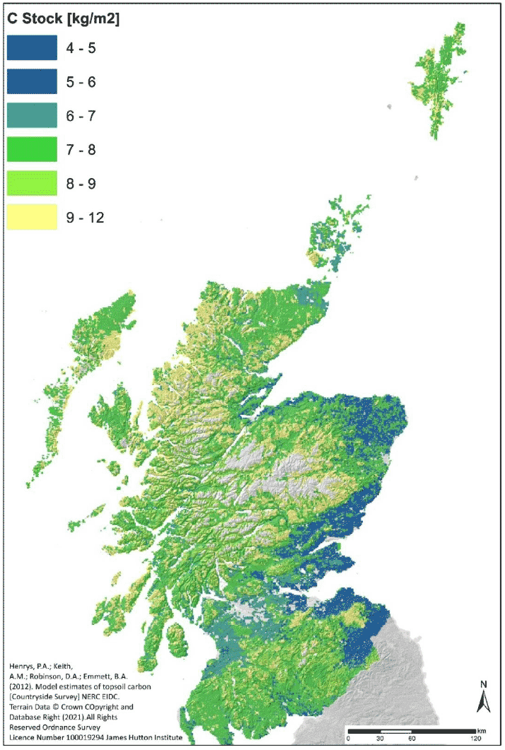 Map showing soil organic carbon concentrations in Scotland between the soil surface and 15 cm depth based on a statistical model and CEH Countryside Survey. Carbon concentrations range from zero to greater than 35%. The greatest concentrations are in the North and West, and the South with lesser concentrations in the east. No concentrations are predicted for the highest mountain tops.
