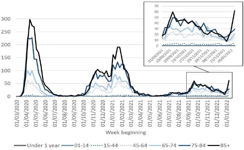 a line chart showing the weekly total of deaths per age group, using data from March 2020. Death numbers in all age groups above 44 peaked in April 2020, November 2020, January 2021 and September 2021, with the latest peak seen amongst the 85+ in January 2022. Deaths in the under 44 age groups remained very low throughout the whole period.