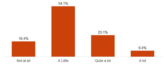This chart shows the proportions of how pressured young people felt by their school work. 16.4% of young people said they felt “not at all” pressured, whilst over half (54.1%) felt “a little pressured”.
